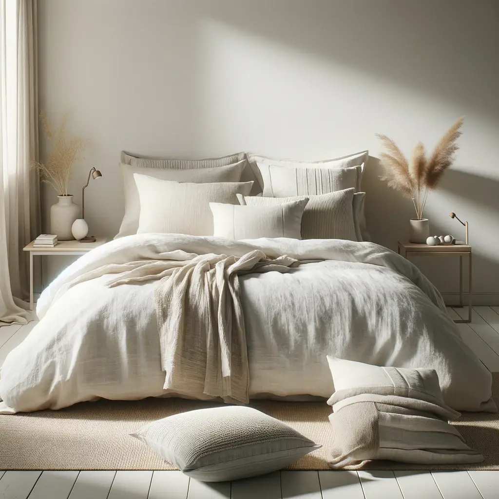 a minimalist bedroom with a bed dressed in simple, neutral-colored bedding, featuring a linen duvet cover and cable knit throw pillows, creating a clean and cohesive look that emphasizes a calm, orderly minimalist style.