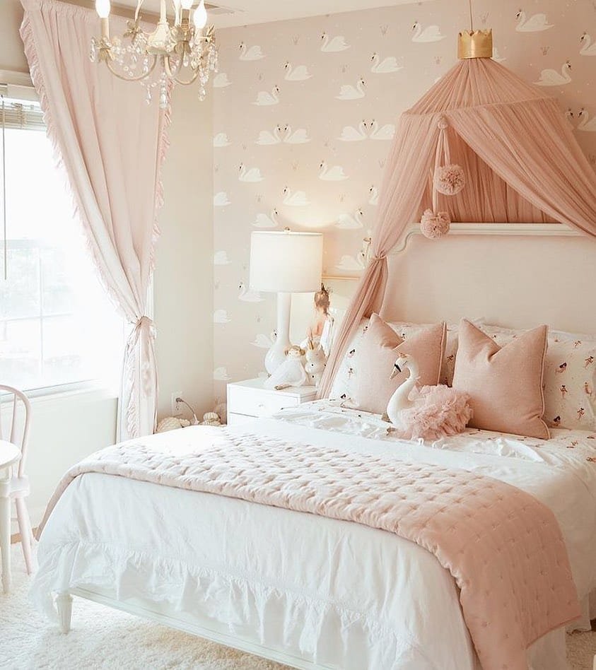 Add some magic to your kid's bedroom with bunny-themed wallpaper in a cozy, pastel pink setting, featuring a canopy bed, soft lighting, and decorative accents like plush toys and pillows.