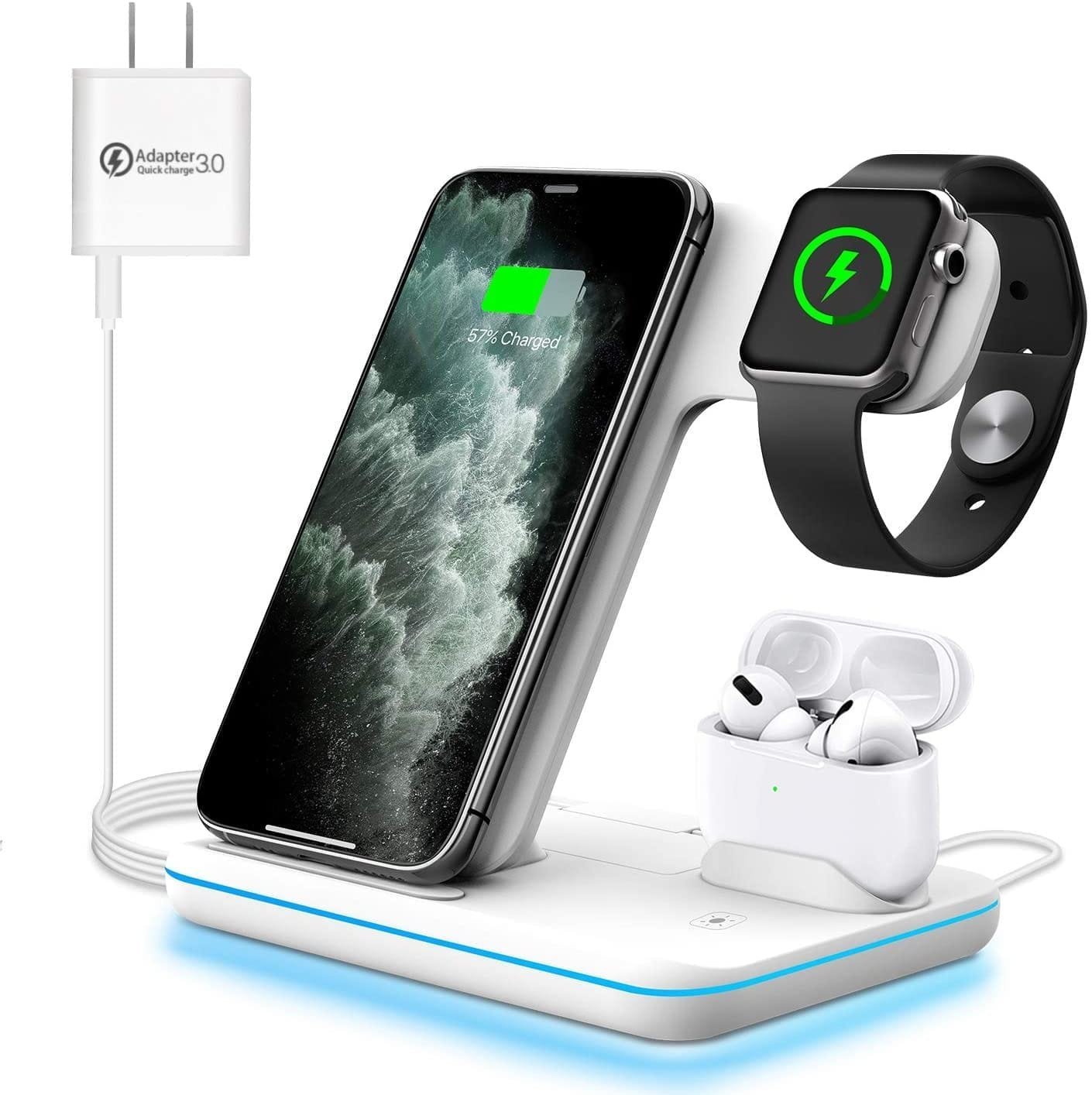 A 3-in-1 wireless charging station designed for a productive workspace at home, actively charging a smartphone, smartwatch, and wireless earbuds.