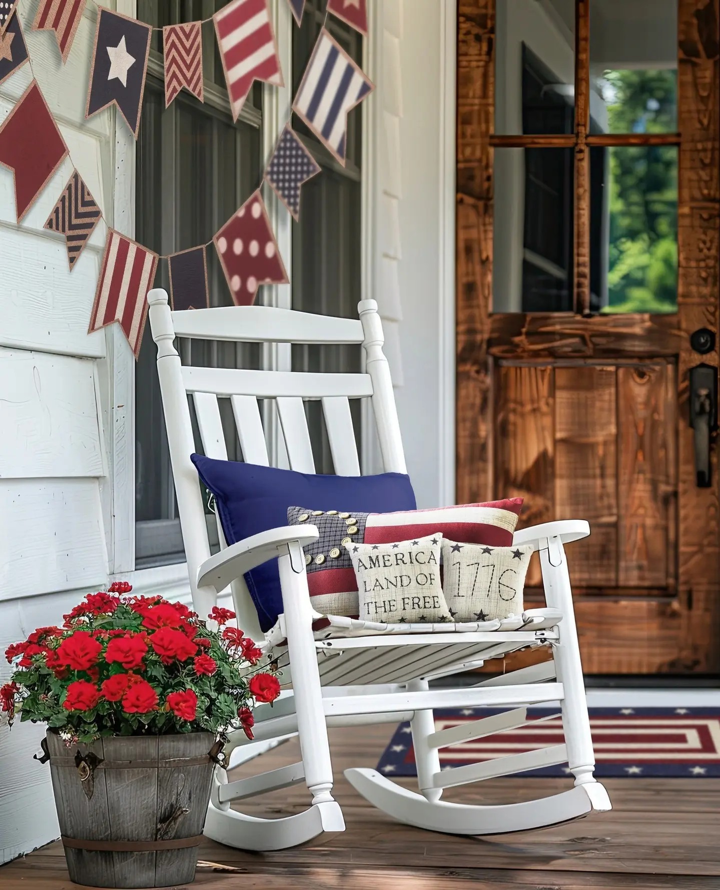 Front Porch Decor Ideas for a Cheerful Fourth of July: White rocking chair on porch with patriotic cushions, American flag-themed bunting, and a potted plant with red flowers in the foreground. Wooden door and a window with a wreath in the background.
