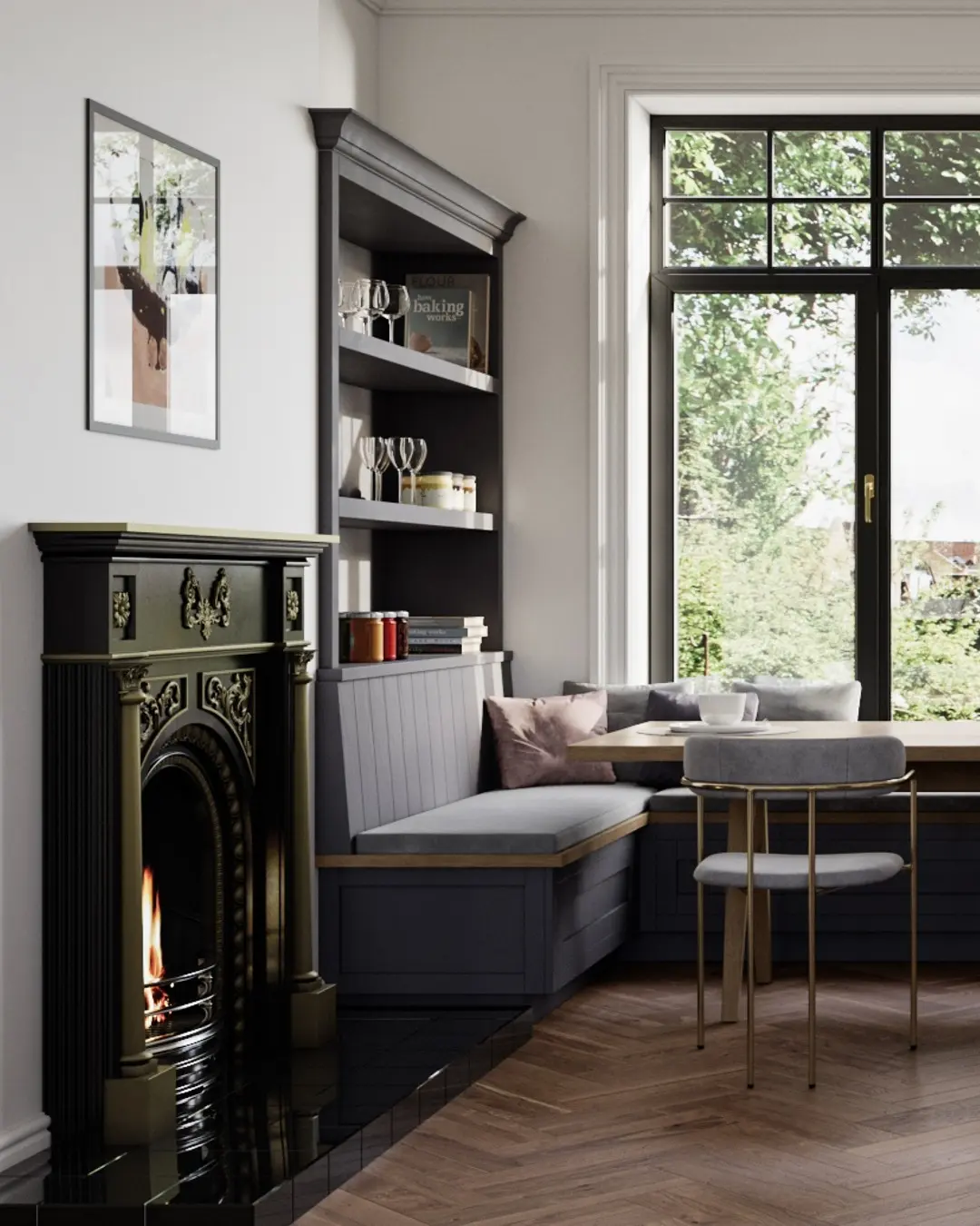 A modern living room corner with a black fireplace, built-in banquette bench seating inspired by 10 Inspiring Banquette Seating Ideas for Small Dining Areas, a small table with chairs, shelves with decor, and a large window overlooking greenery.
