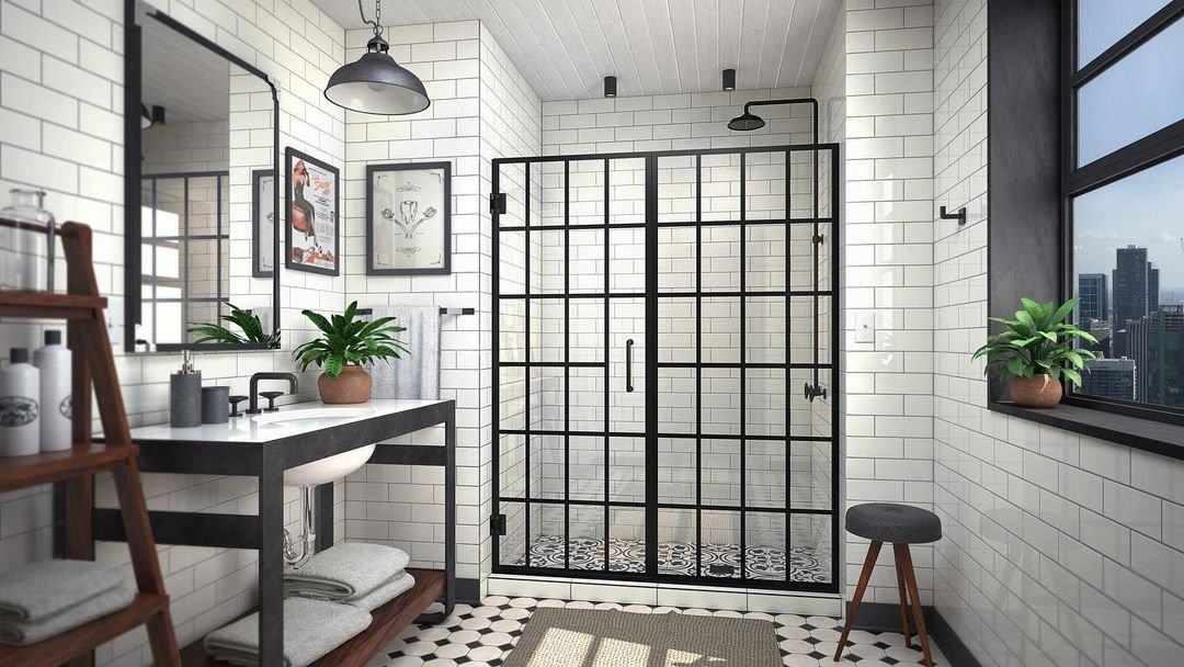 Modern bathroom with white subway tiles, black framed shower, potted plants, gray sink vanity, and an industrial-style geometric patterned rug.