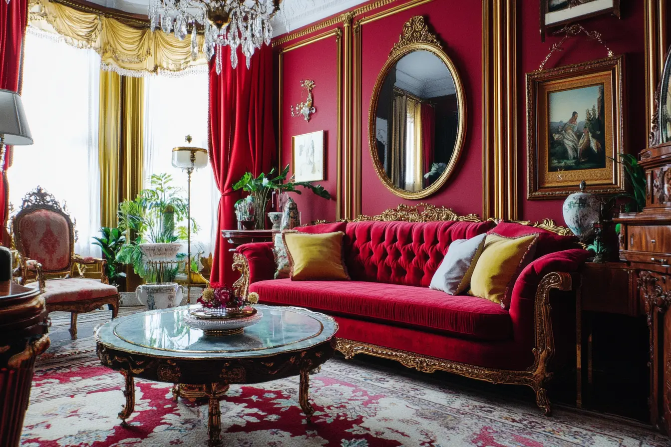 Ornate living room with red walls, gold trim, a red tufted sofa, round glass coffee table, antique furniture, plants, and large windows with gold curtains—maximalist decor that balances eclectic style without feeling overwhelming.