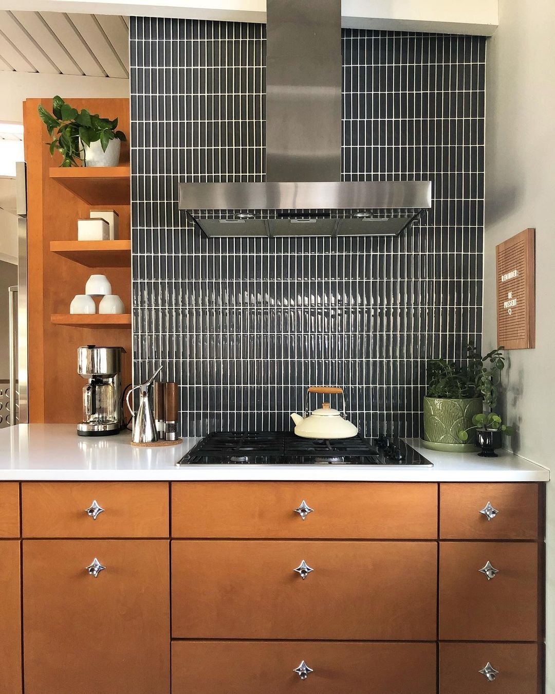 Top 10 Timeless Mid-Century kitchen design features wooden cabinets, stainless steel stove and hood, tiled backsplash, and plants on countertop.