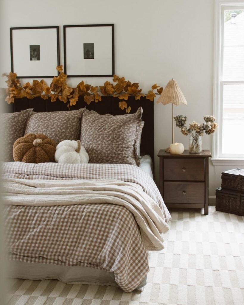 A cozy bedroom with a buffalo plaid bedspread, plush pumpkin pillows, fall leaf garland on the headboard, and a nightstand with dried flowers and a lamp shows how to embrace buffalo plaid in fall decor.