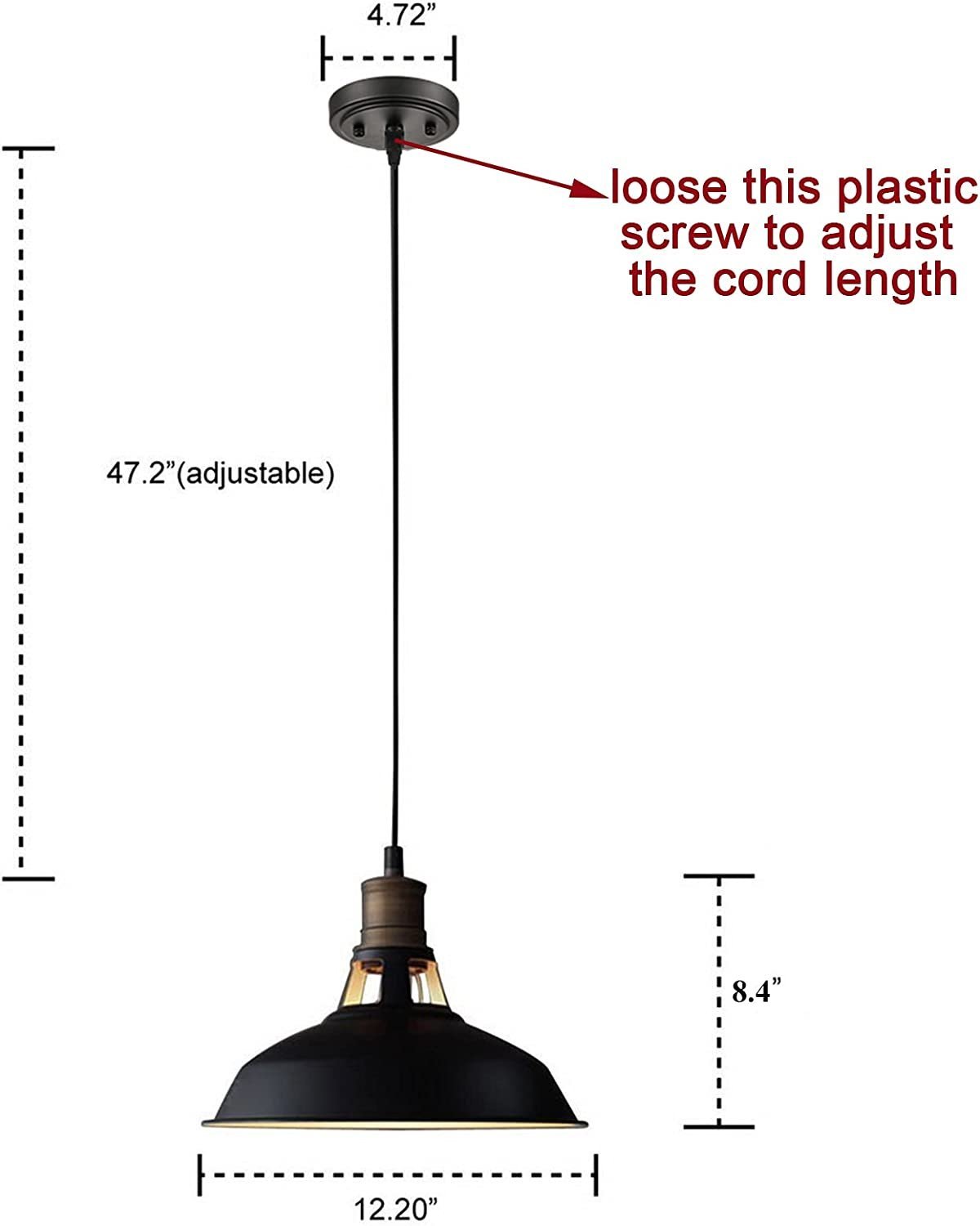 Diagram of a pendant light with measurements: 4.72" ceiling mount diameter, adjustable cord length up to 47.2", 12.20" lamp width, and 8.4" lamp height. Arrow points to plastic screw for adjusting cord length. Enchant your home with rustic charm by discovering the perfect industrial barn light today!