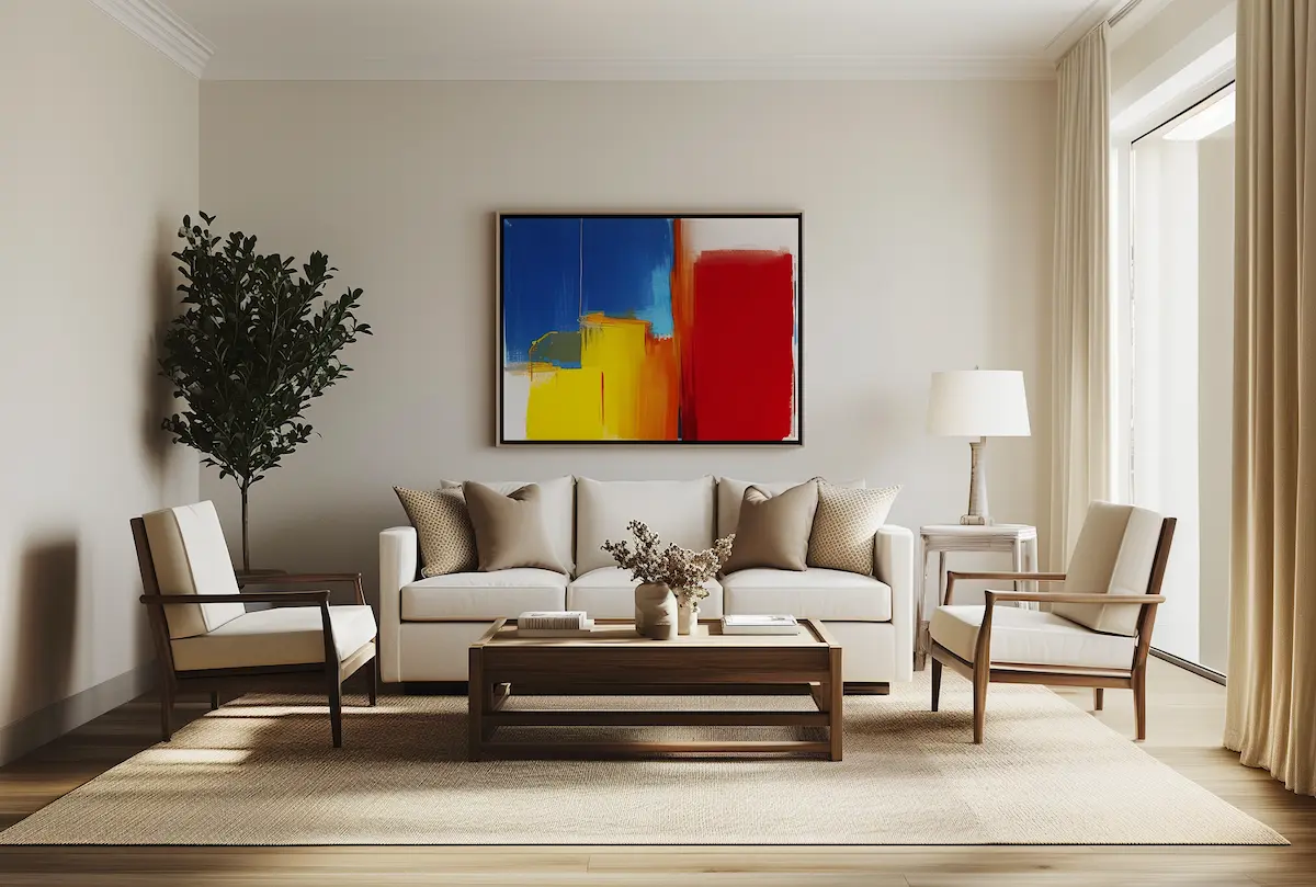 Modern living room with a white sofa, armchairs, and abstract artwork, where natural light and neutral decor show how minimalism influences the creation of a sense of space.