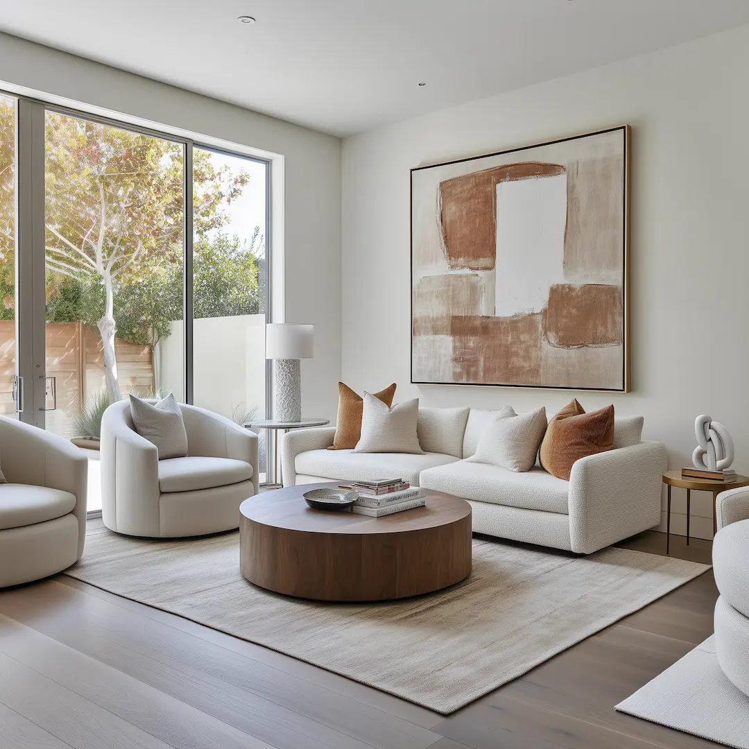 Modern living room with neutral tones, showcasing how minimalism influences the creation of a sense of space through a white sofa, two round chairs, a wooden coffee table, large abstract art, and floor-to-ceiling windows overlooking a leafy yard.