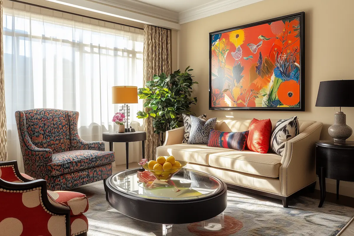 A bright living room with a beige sofa, patterned armchair, round glass coffee table with lemons, potted plant, and a large floral painting shows how to add funky wall art to your home for a bold pop of color.