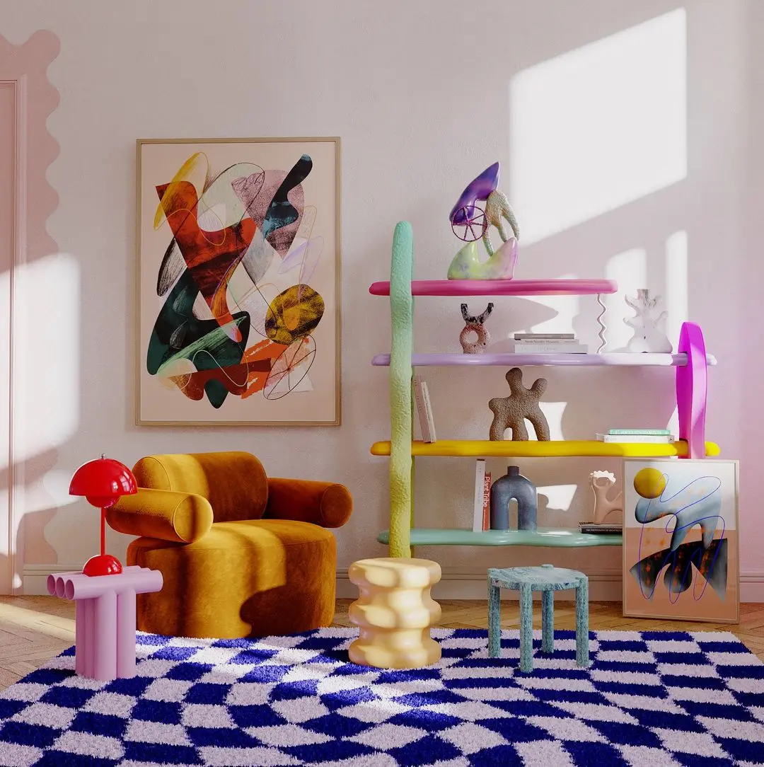 A colorful modern living room with abstract wall art (see How to Add Funky Wall Art to Your Home), a mustard armchair, quirky side tables, and a wavy blue and white rug. A pastel bookshelf displays various decorative objects.