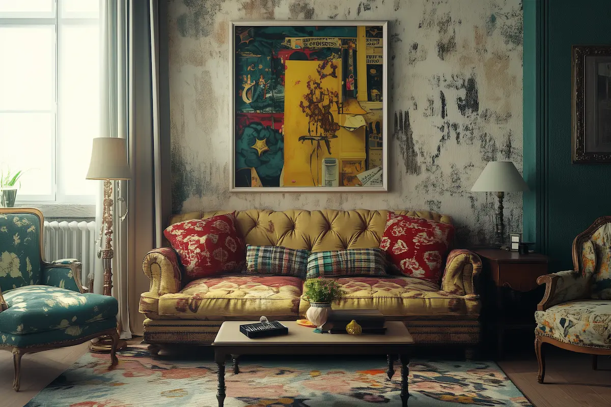 An eclectic living room with a tufted yellow sofa, patterned pillows, and colorful wall art shows How to Add Funky Wall Art to Your Home. Mismatched armchairs and a coffee table on a floral rug complete the look, natural light streaming in.
