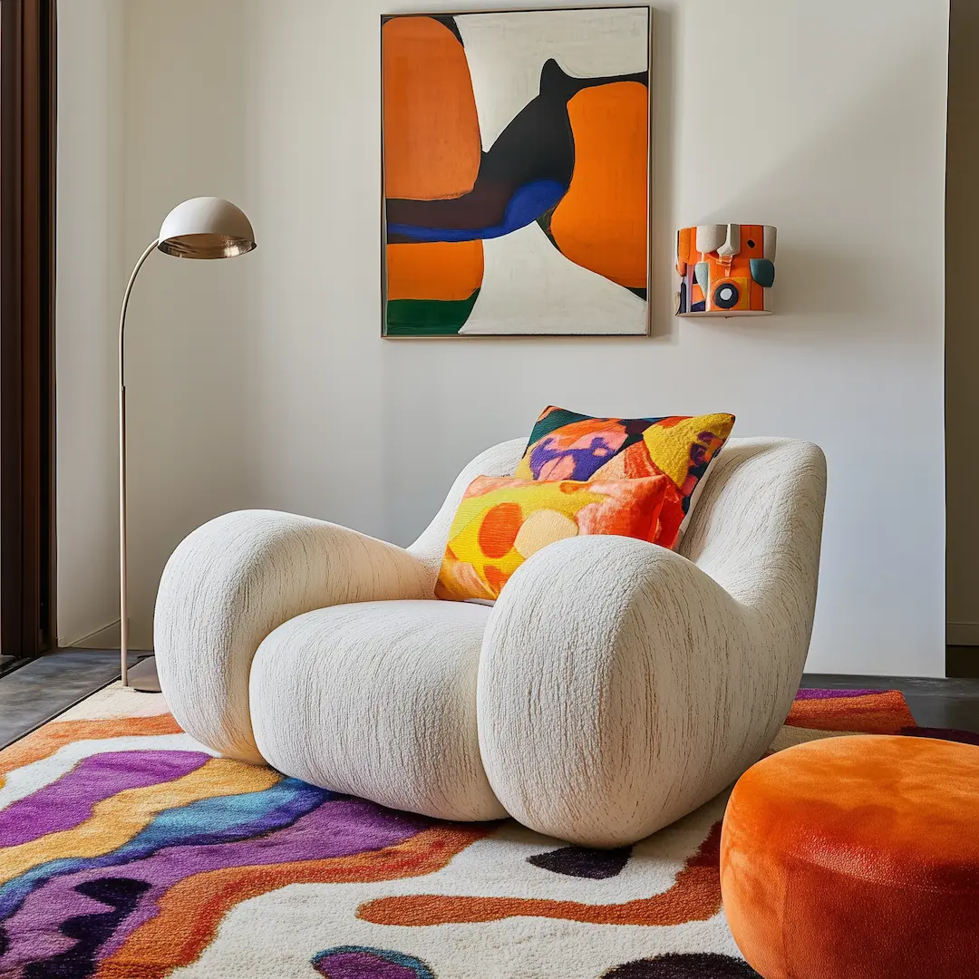 A cozy white armchair with colorful cushions is placed on a vibrant patterned rug, epitomizing Funky Furniture: Unique Pieces to Make Your Home Stand Out. A modern floor lamp stands beside the chair while abstract artwork adorns the white walls.