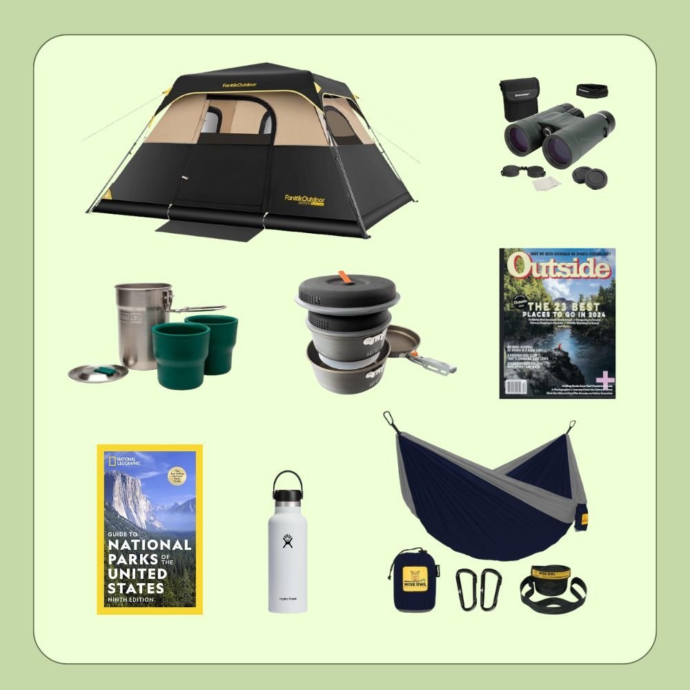 A collage of camping gear—tent, binoculars, magazine, mugs, collapsible cookware, guidebook, water bottle, and hammock with straps—showcases Father’s Day 2024: Top Gifts for the Nature-Loving Dad.