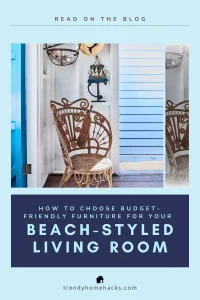 A wicker chair sits in a bright, coastal-themed room with blue and white walls and nautical decor; discover How to Design a Beach-Styled Living Room on a Budget with our affordable tips.