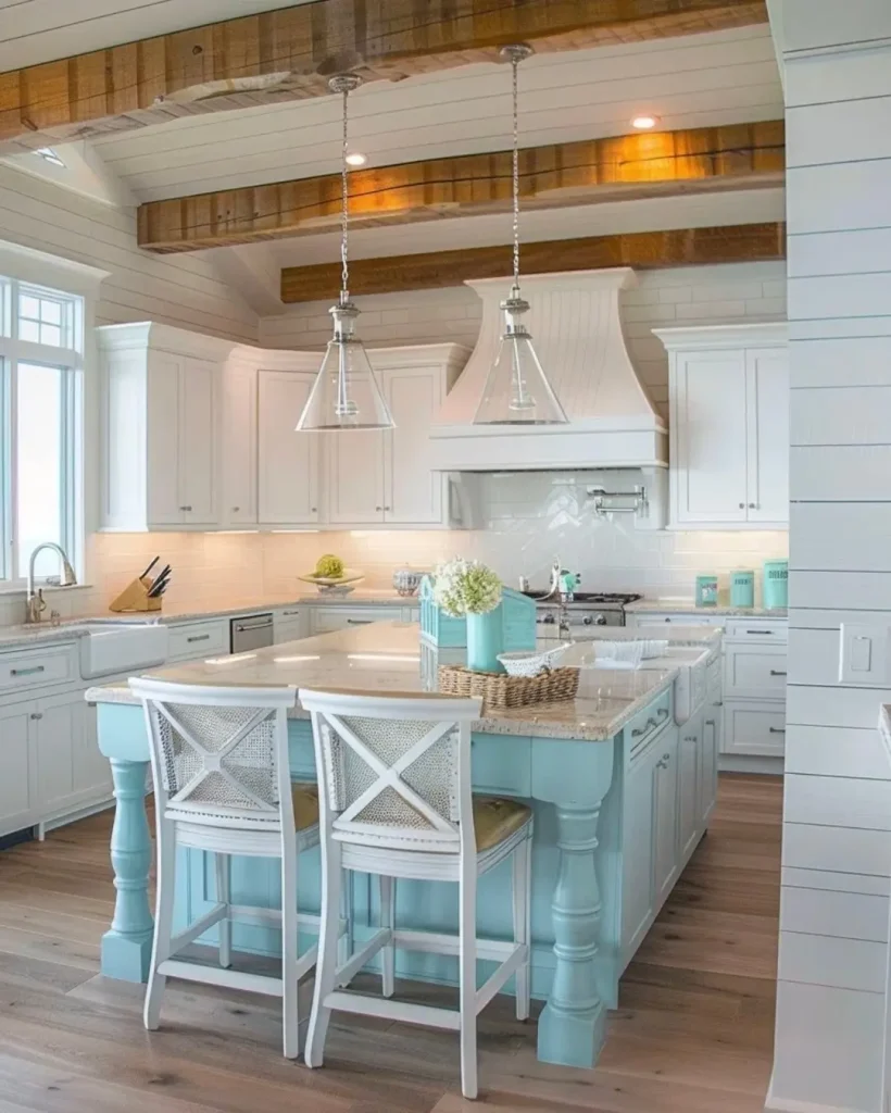 A modern kitchen with white cabinets, a large light blue island, two chairs, wooden flooring, and two pendant lights hanging from a ceiling with exposed wooden beams showcases the perfect embodiment of beach decor, how to select colors and materials for your home.