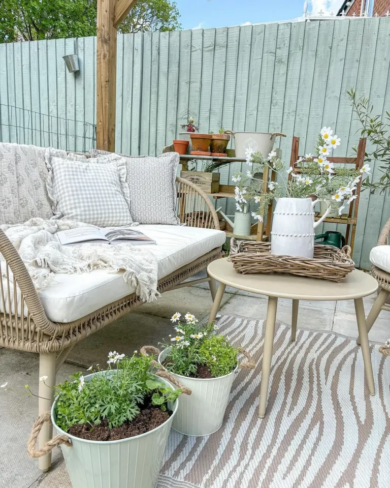 Farmhouse Summer patio with a wicker sofa and cushions, small table adorned with a vase of summer flowers, and potted plants. A decorative fence and lush greenery create the perfect backdrop for this charming outdoor seating area.