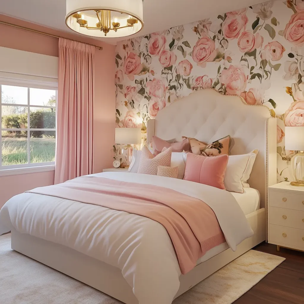 Bedroom with floral wallpaper, pink and white bedding, tufted headboard, gold light fixture, bedside tables with lamps, and a window with pink curtains—learn How To Create A Whimsical Pink Master Bedroom Retreat with these charming details.