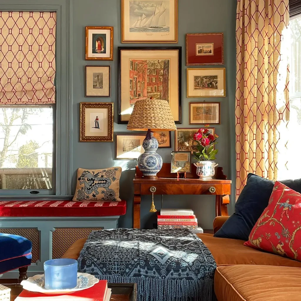 A cozy living room showcases maximalist decor with patterned curtains, a gallery wall, and a striking blue and white table lamp. A collection of pillows and a throw adorn the brown sofa, while a small table holds books and a vibrant floral arrangement.