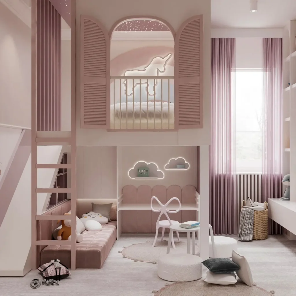 A children's bedroom with pink and white decor showcases how to create a whimsical pink bedroom your kids will love, featuring a loft bed with unicorn wall art, a play area with a table and chairs, and cloud-shaped shelves.