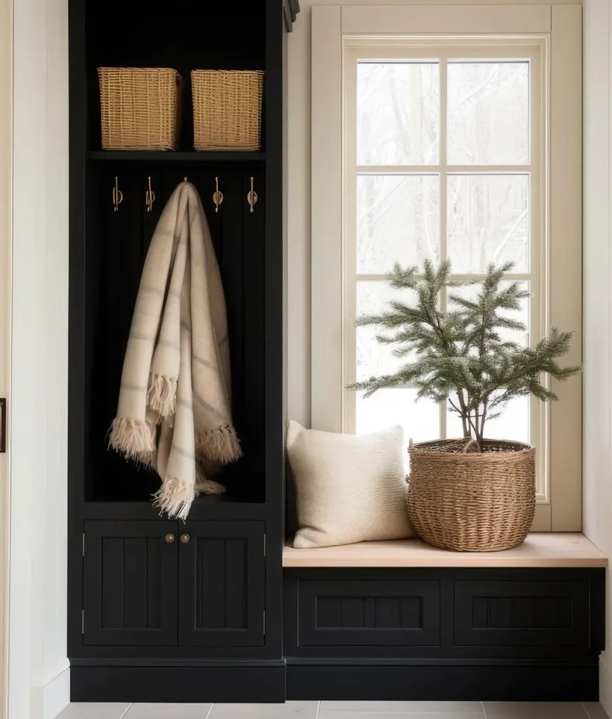 A black entryway bench with a cushion and throw pillow sits beside a potted plant in a wicker basket. Hooks hold a beige scarf beneath woven baskets, creating Holiday Mudroom Decor: Simple Ideas to Impress Your Guests as natural light streams in.