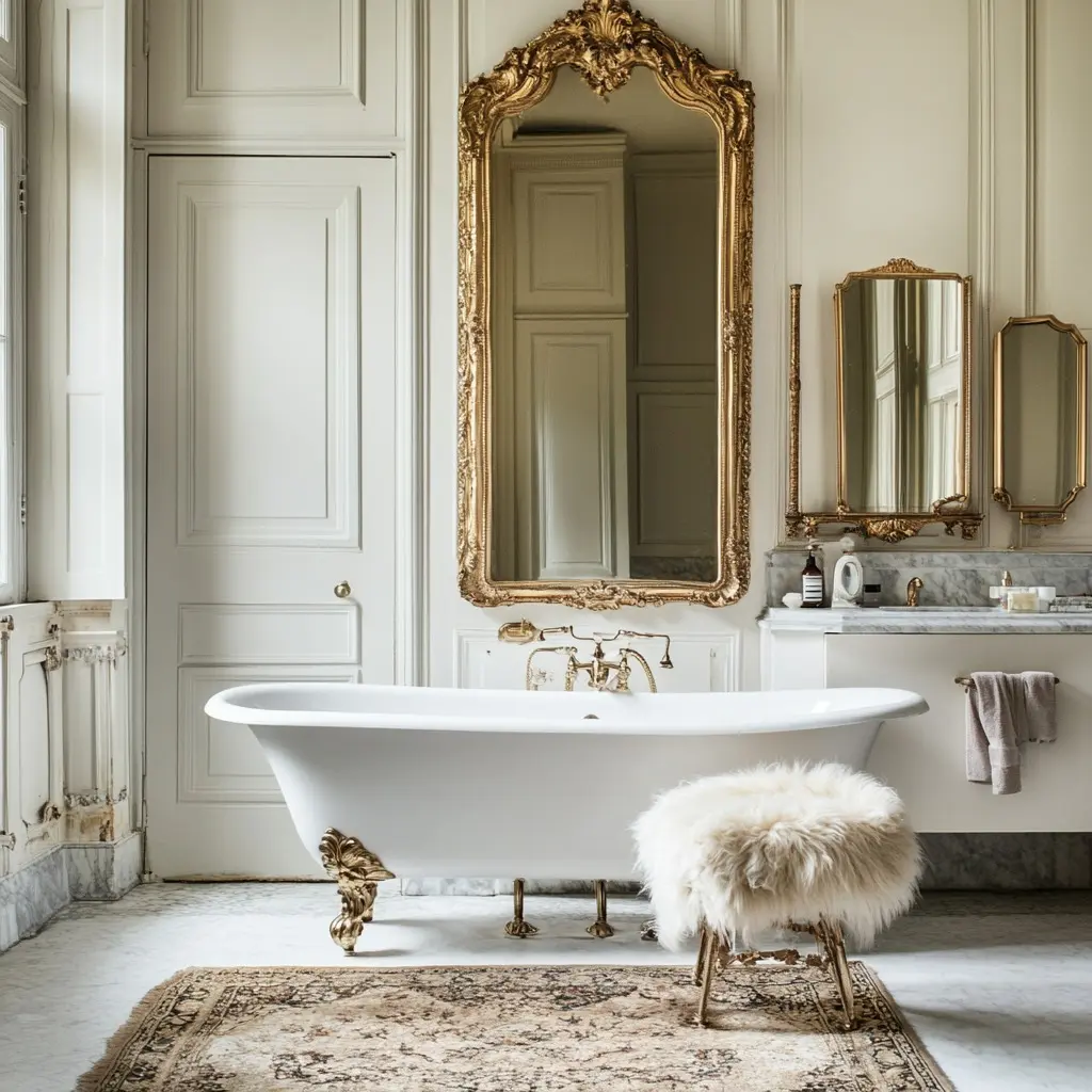 Elegant bathroom with a clawfoot tub, french country mirrors in ornate gold frames, a fluffy stool, and a patterned rug on a marble floor.