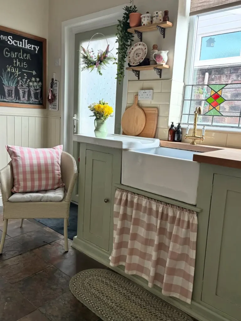 Cottage-style kitchen with a farmhouse sink, checkered pink and white curtain, matching pillow on a chair, personalized buffalo check decor, and a chalkboard reading "Garden this way.