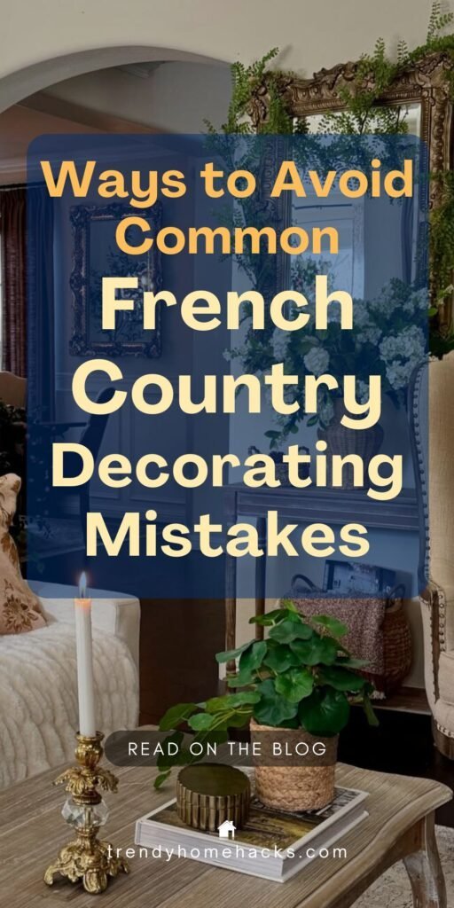 A living room with French country decor—beige sofa, ornate mirror, candle, books, and flowers—is shown with a text overlay highlighting french country decorating mistakes to avoid.