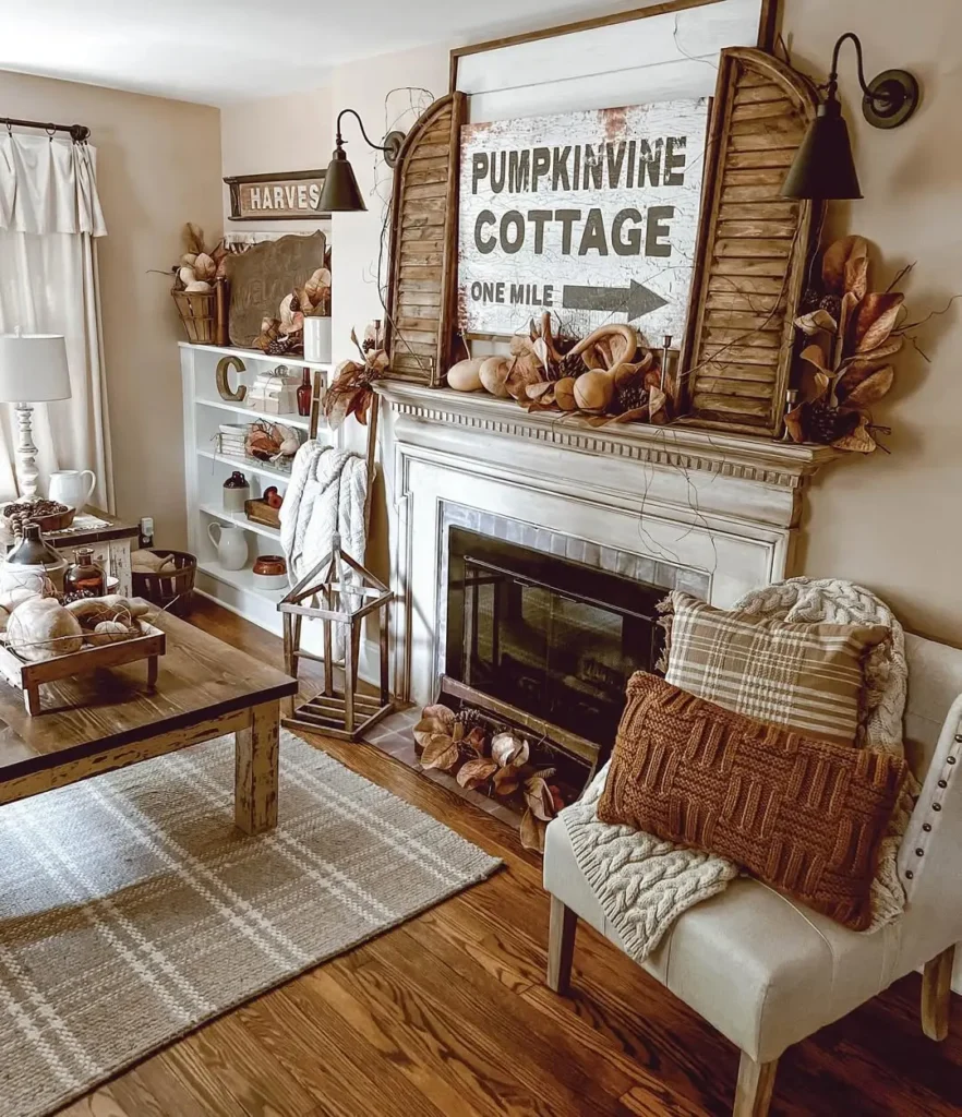 Cozy living room with autumn-themed decor, featuring a white fireplace, a “Pumpkinvine Cottage” sign, rustic wood accents, and neutral-toned furniture with rustic patterned pillows and throws.