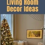 Cozy Christmas living room decorated with warm lights, minimalist tree, candles, and small space friendly holiday accents.