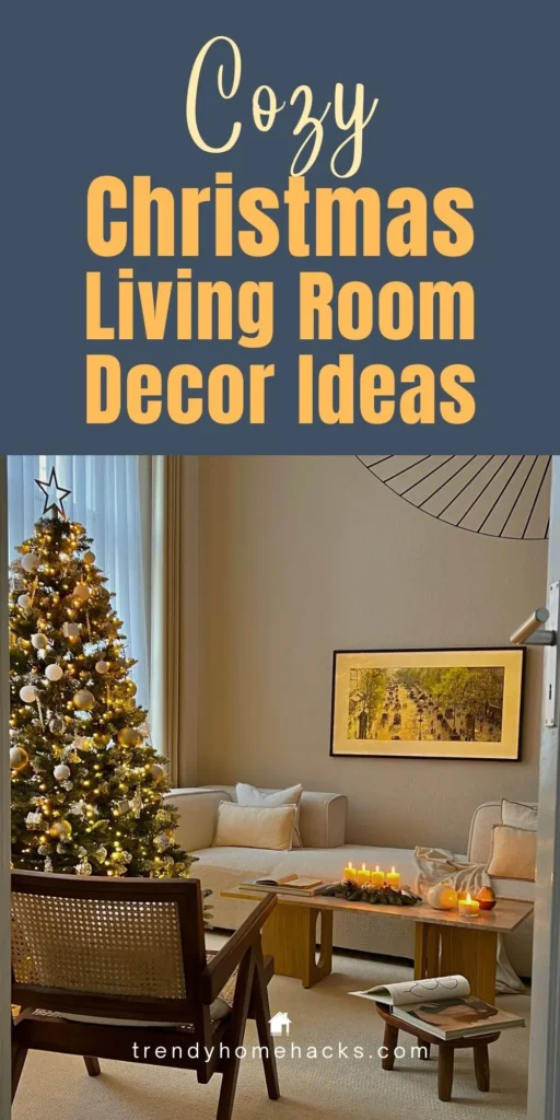 Cozy Christmas living room decorated with warm lights, minimalist tree, candles, and small space friendly holiday accents.