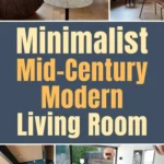 Minimalist mid-century modern living room with clean lines, warm wood tones, simple furniture, and a neutral color palette creating a calm and stylish space.