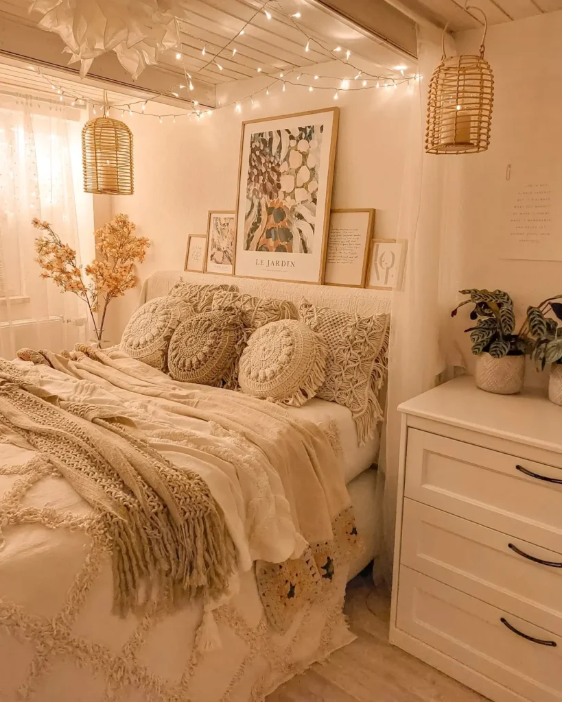 Cozy bohemian bedroom with beige and cream decor, macramé pillows, throw blankets, framed art above the bed, string lights, hanging lamps, and potted plants on a white dresser.