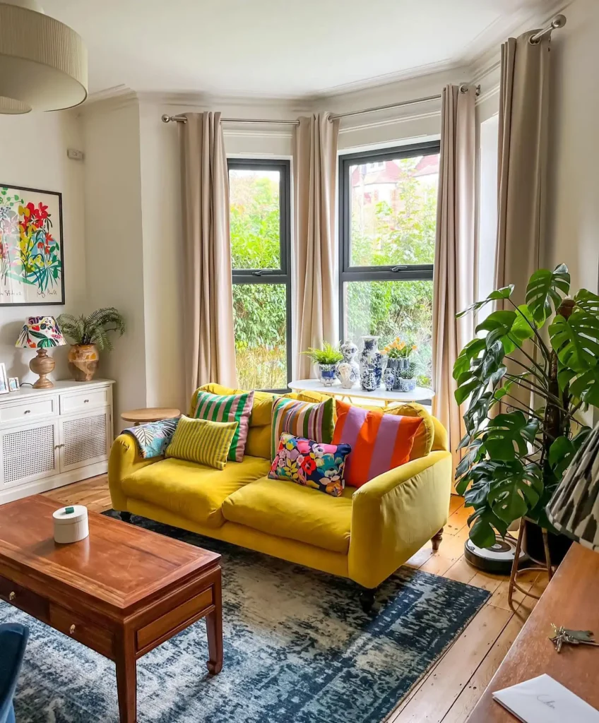 A bright living room with a yellow sofa, maximalist pillow styling featuring colorful cushions, a wooden coffee table, a large green plant, and two windows with beige curtains letting in natural light.