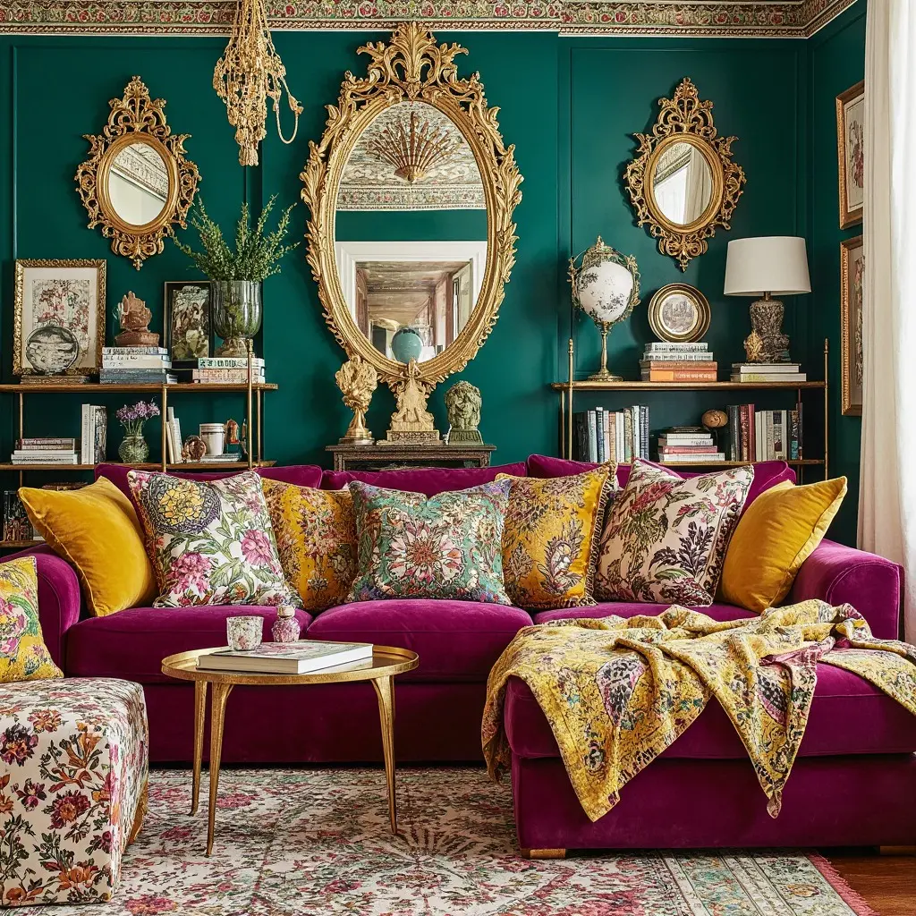 A vibrant living room with a magenta sofa, maximalist pillow floral cushions, gold mirrors, green walls, bookshelves, and ornate decor. A round gold coffee table and patterned rug are in front.
