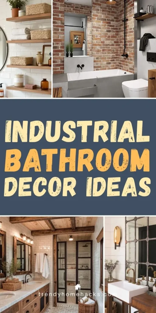 Industrial bathroom decor ideas featuring exposed brick walls, wood vanities, black metal fixtures, open shelving, and modern industrial lighting.
