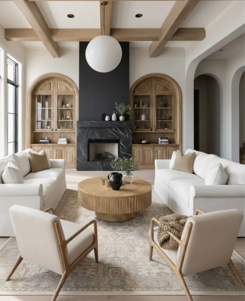 A transitional modern living room with two white sofas, two beige armchairs, a round wooden coffee table, a black fireplace, and built-in wooden shelves with arched tops.