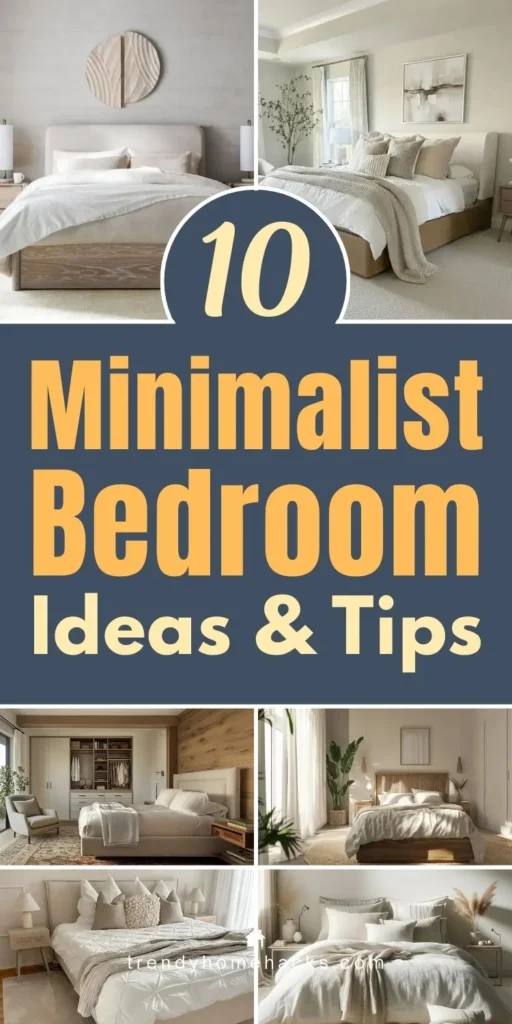 Minimalist bedroom ideas and tips featuring neutral color palettes, simple furniture, layered bedding, and clutter-free design.