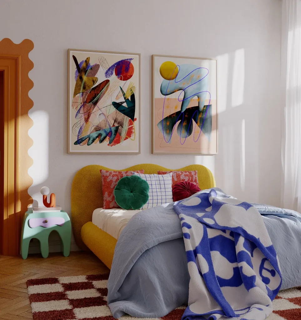 Funky bedroom with mustard yellow upholstered bed, colorful abstract wall art, and bold patterned bedding.